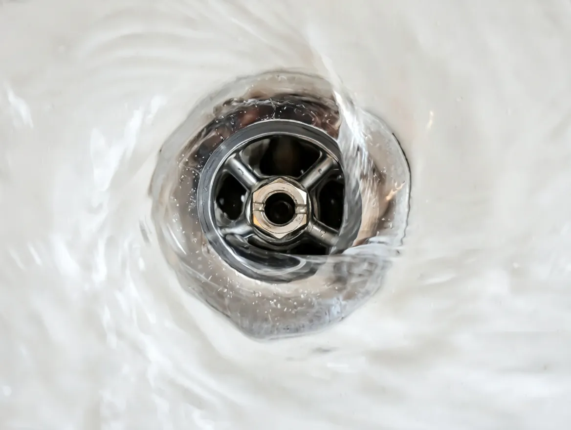Water draining through stainless steel sink strainer — professional drain cleaning in Marietta, GA