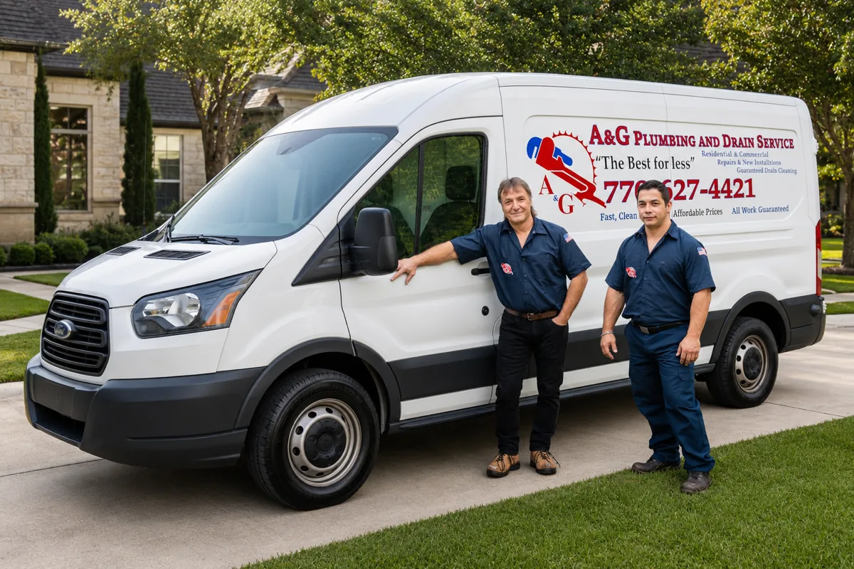 The A&G Plumbing and Drain team standing beside the company service van outside a Metro Atlanta home