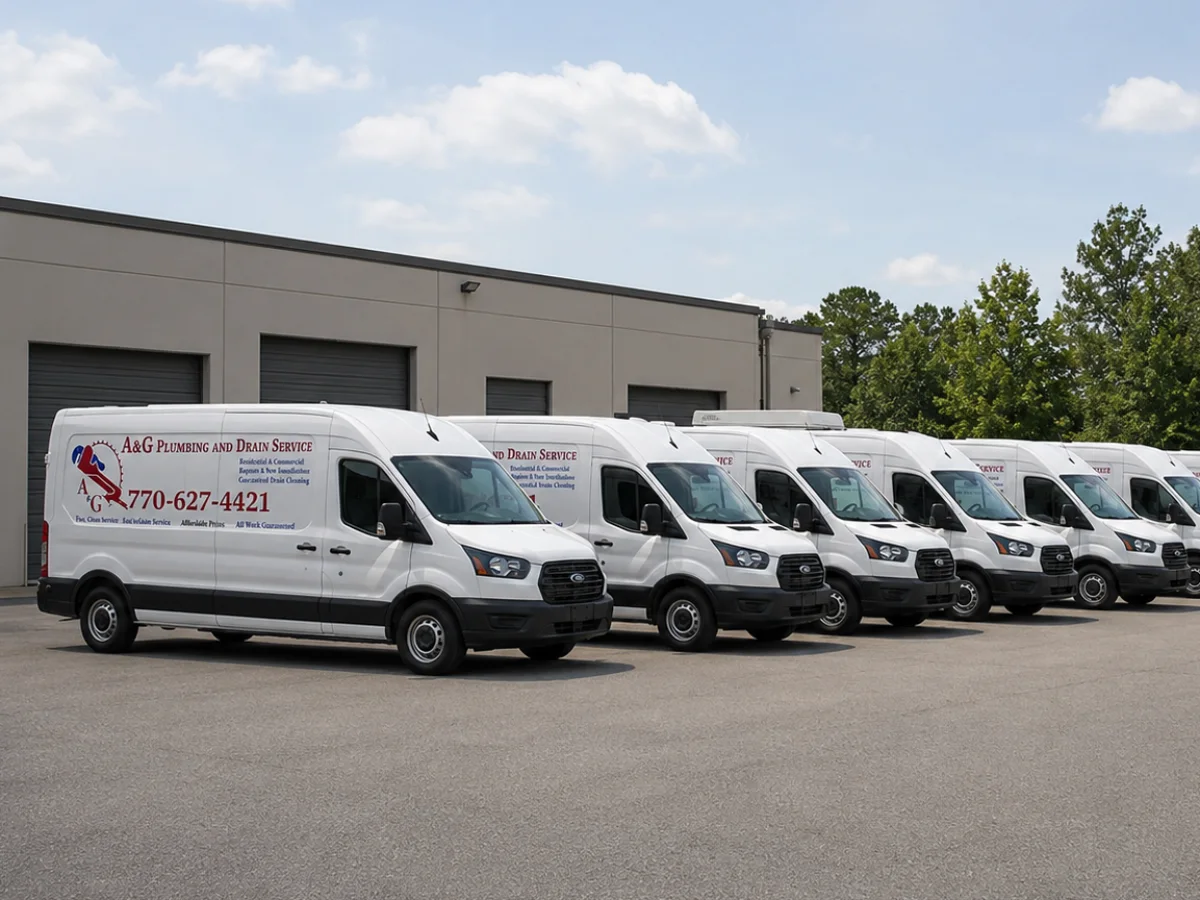 The A&G Plumbing and Drain Service fleet of branded service vans lined up outside the company shop in Metro Atlanta
