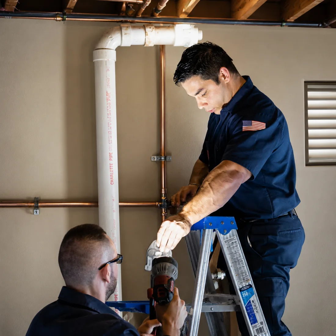 Two A&G Plumbing technicians repiping copper water lines at a Metro Atlanta home