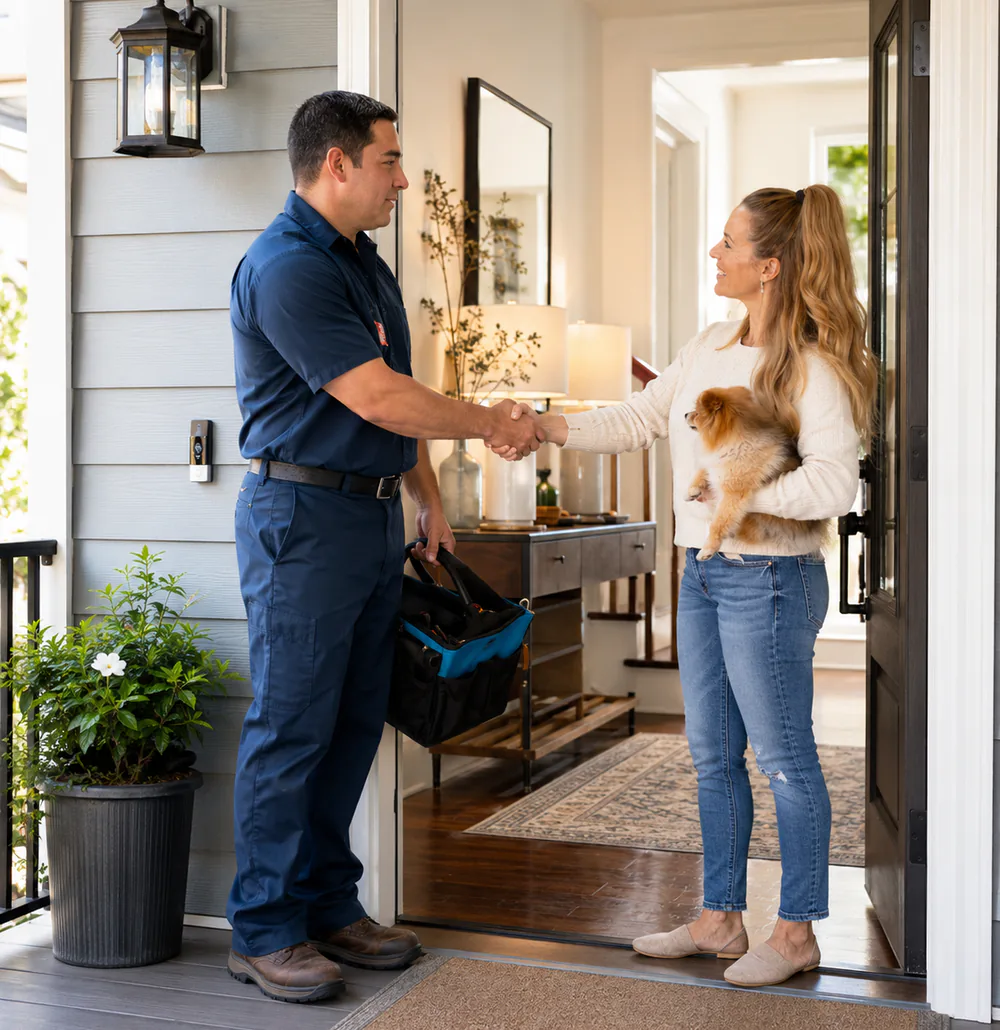 An A&G Plumbing technician greeting a homeowner at her front door in Metro Atlanta