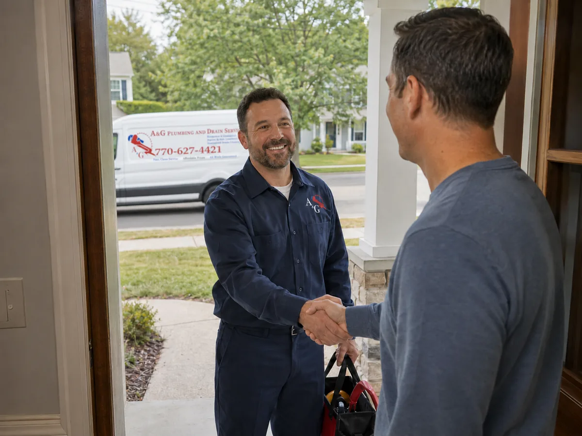 An A&G Plumbing technician shaking hands with a homeowner at the front door, with the A&G service van parked outside, in Metro Atlanta