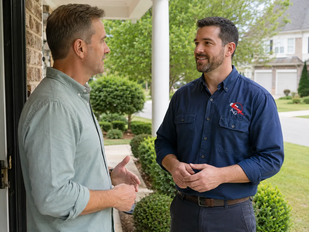 An A&G plumber talking through a completed repair with the homeowner at the front door