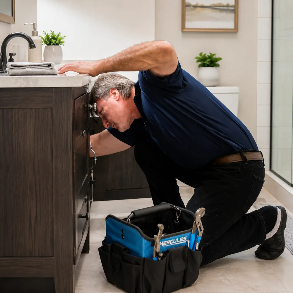 An A&G Plumbing technician inspecting the drain line under a bathroom sink in Metro Atlanta