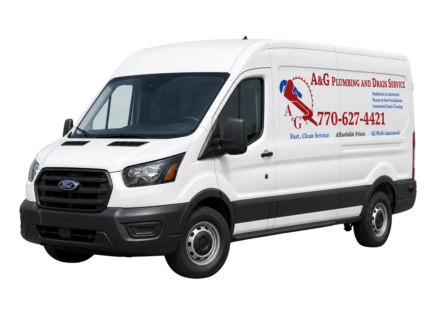 A&G Plumbing and Drain branded Ford Transit service van