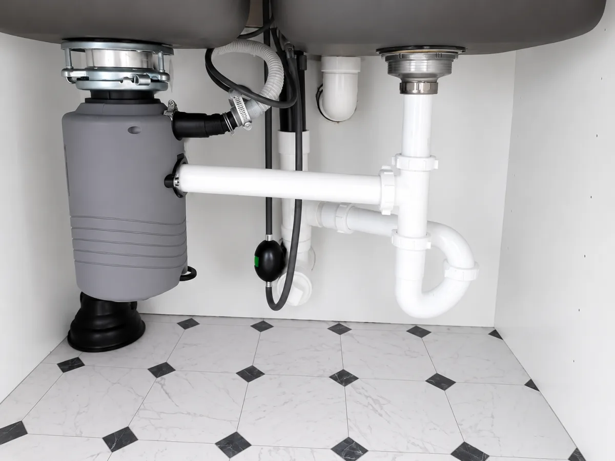 New garbage disposal mounted under a Metro Atlanta kitchen sink with clean drain and P-trap connections