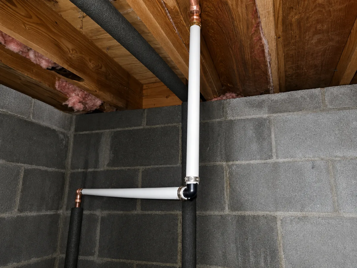 New PEX pipe section with copper fittings installed against a basement wall after a pipe leak repair by A&G Plumbing