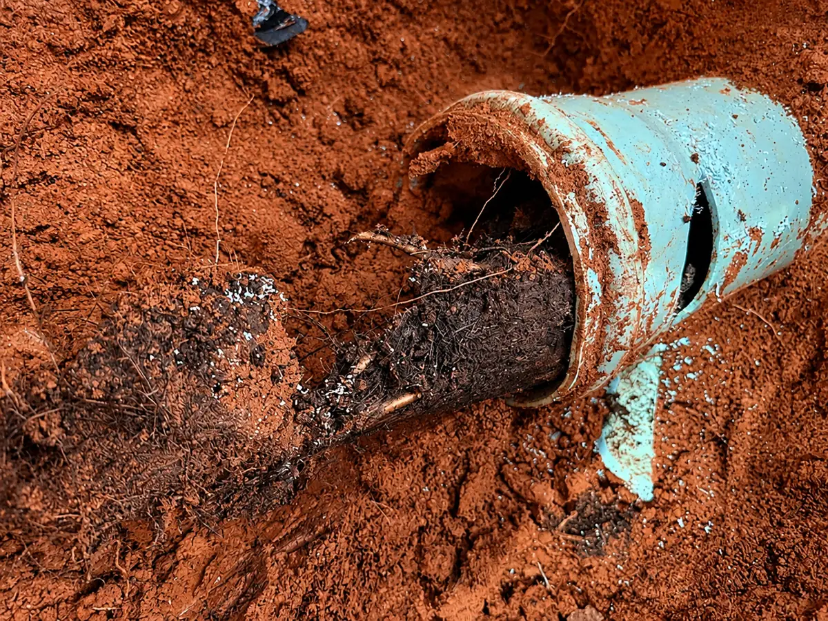 Tree roots that broke into a sewer line, exposed during a repair at a Metro Atlanta home