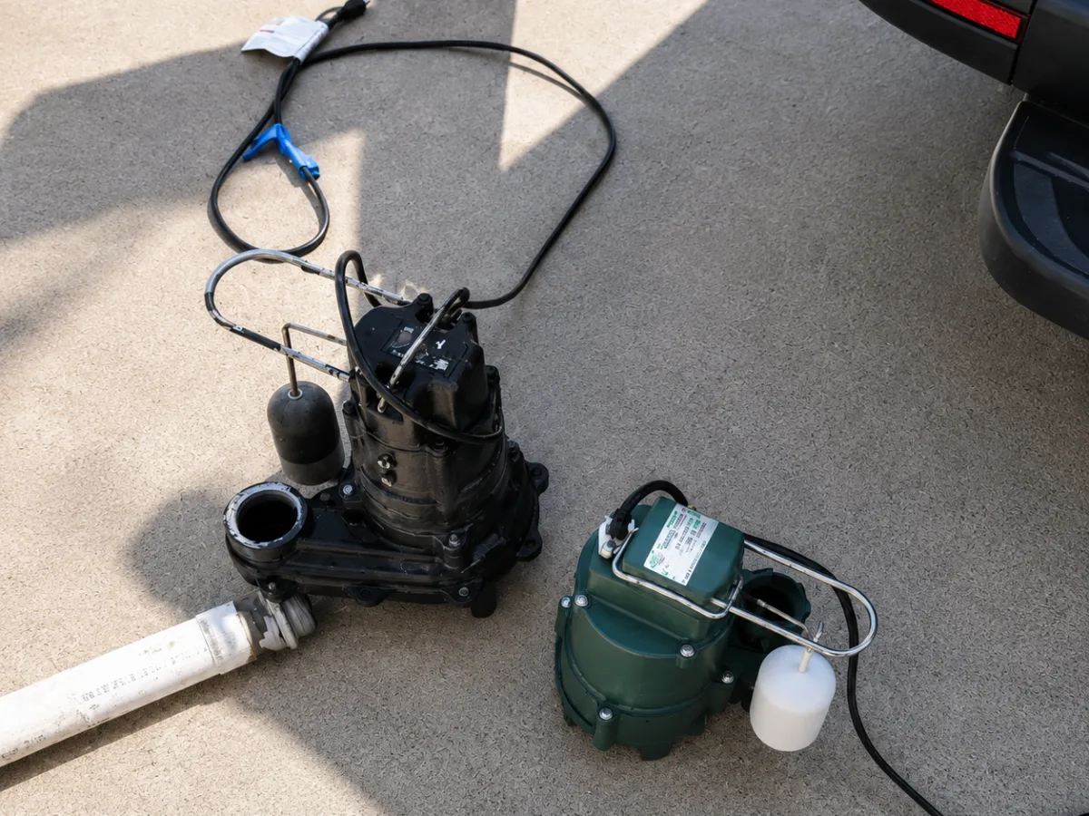 Failed sewage ejector pump pulled from a Metro Atlanta home, set beside the new replacement pump and float switch before installation