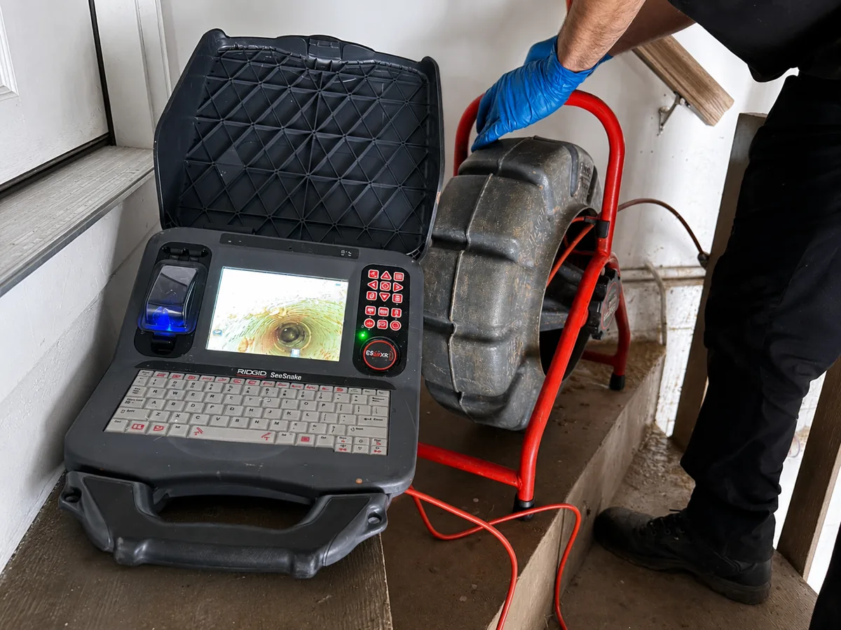 A&G Plumbing technician running a sewer camera inspection, with the monitor showing the inside of the pipe