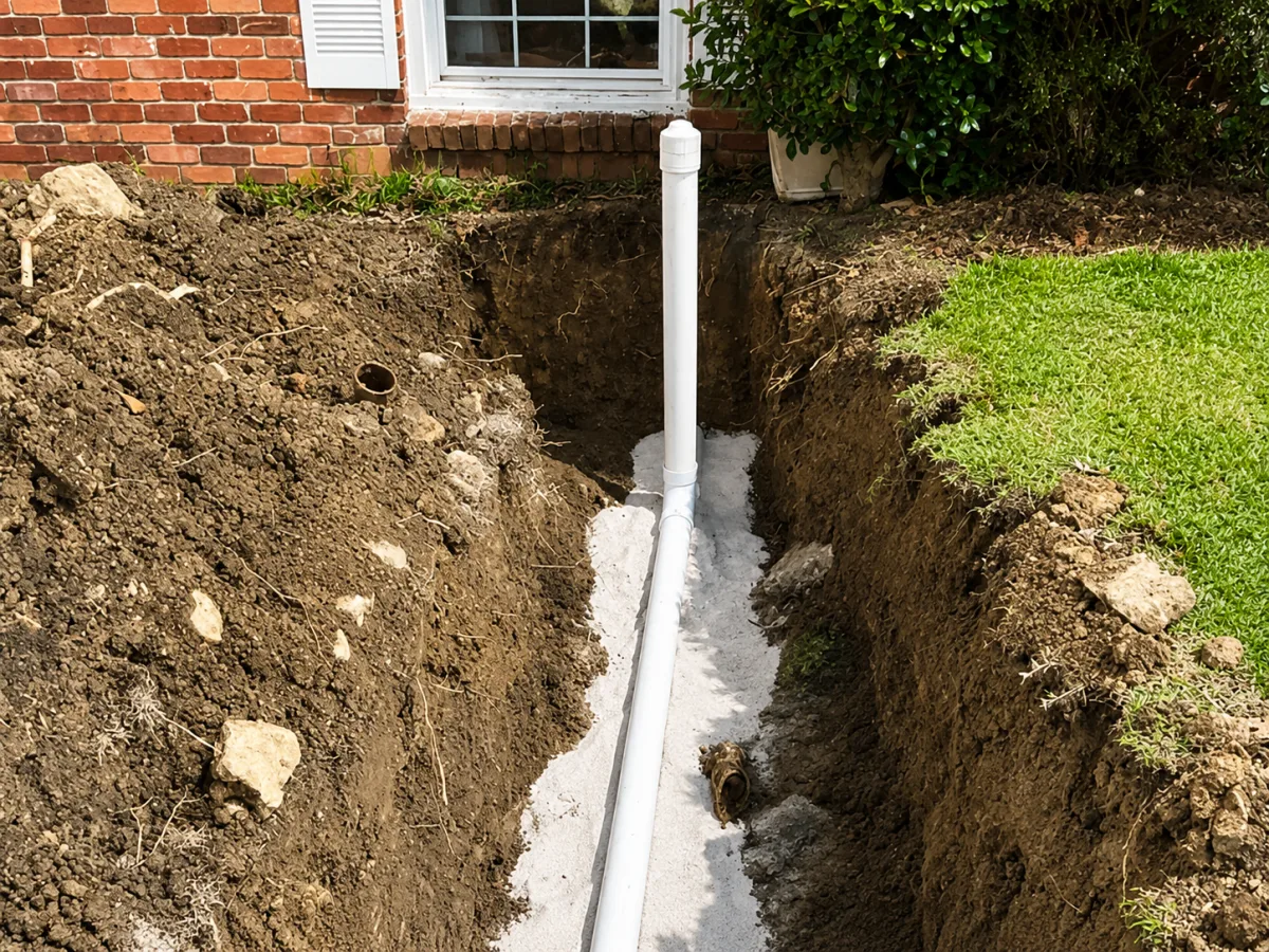 New PVC sewer line laid on gravel bedding in an open trench beside a Metro Atlanta home, with a cleanout riser, before backfill