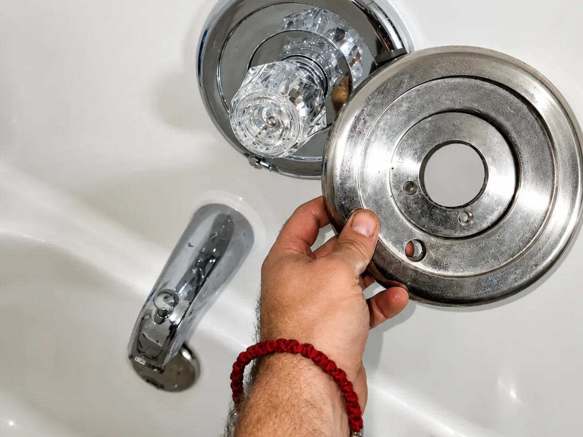 A&G Plumbing plumber lifting the worn escutcheon plate away from an aging shower valve during a trim replacement in a Metro Atlanta bathroom