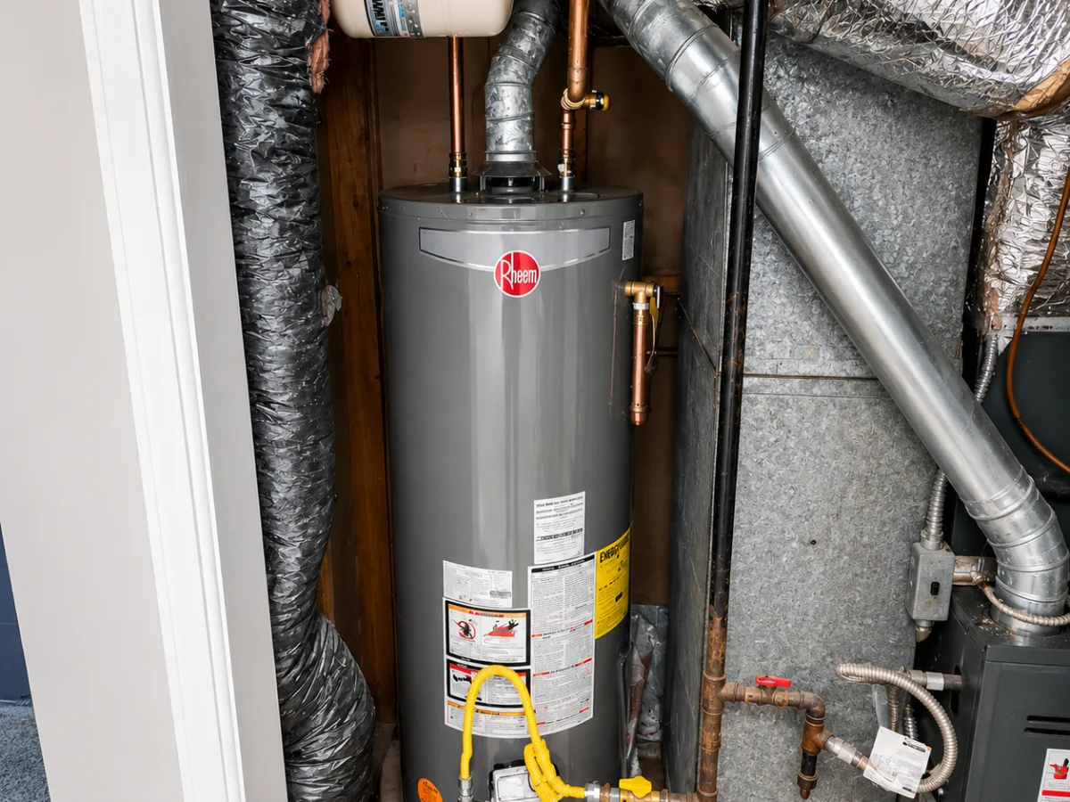 New Rheem gas tank water heater installed by A&G Plumbing in a Metro Atlanta utility closet, with new copper connections and gas line