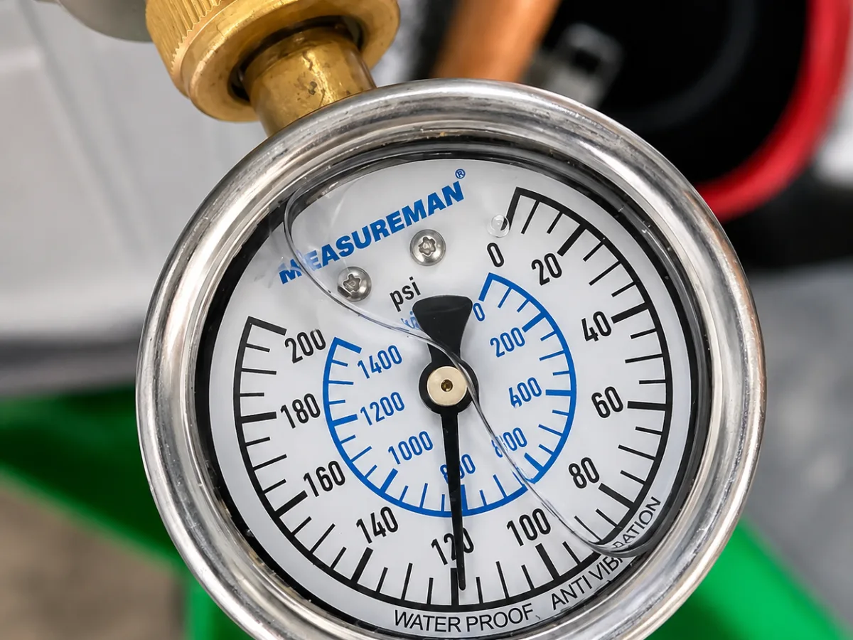 Water pressure test gauge threaded onto an outdoor spigot at a Metro Atlanta home during a pressure check