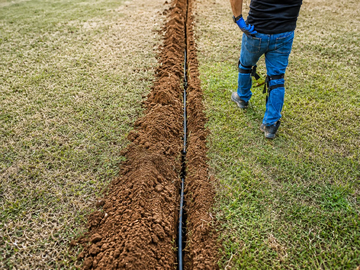 New water service line laid in a narrow open trench across a Metro Atlanta lawn as an A&G Plumbing technician walks the run
